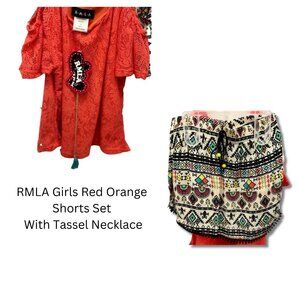 NWT RMLA Girls Red Orange Shorts Set With Necklace Tassels